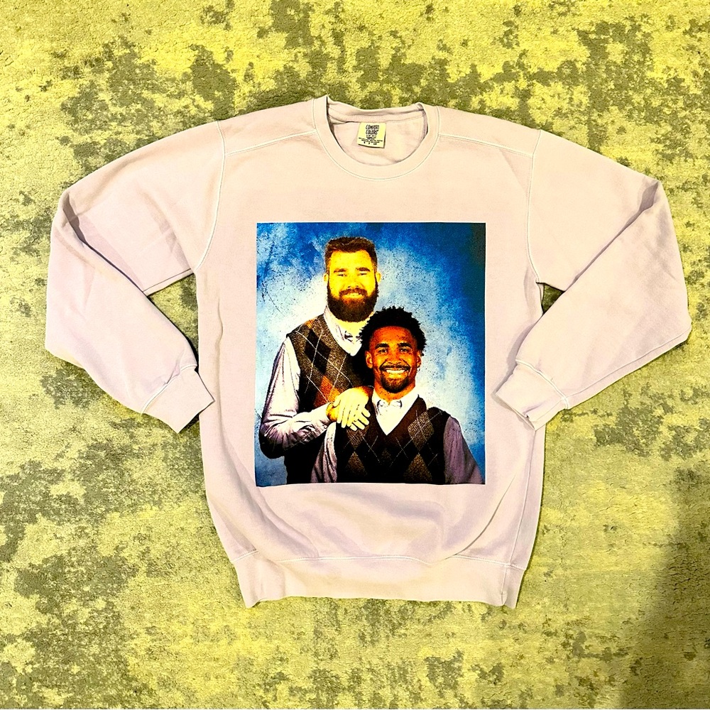 Jason Kelce and Jalen Hurts retro school photo oversized pullover